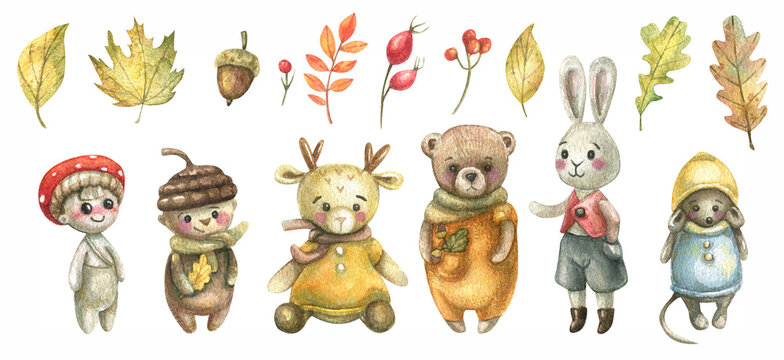 Forest set of cute animals - bear, mouse, rabbit, deer, as well as berries, herbs, leaves, mushrooms, painted in watercolor on a white background. Watercolor illustration of a fabulous autumn forest.