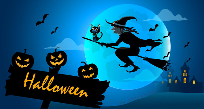 Halloween night background picture with witch and pumpkins . Vector elements for banner, greeting card halloween celebration, halloween party poster