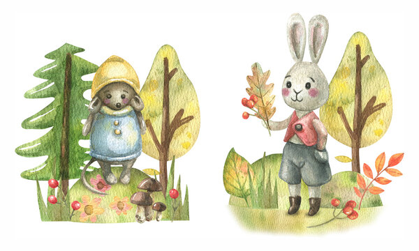 Cartoon cute fly and rabbit, forest herbs, flowers, mushrooms, trees, leaves, Christmas tree painted in watercolor. Watercolor illustration of a fabulous autumn forest.