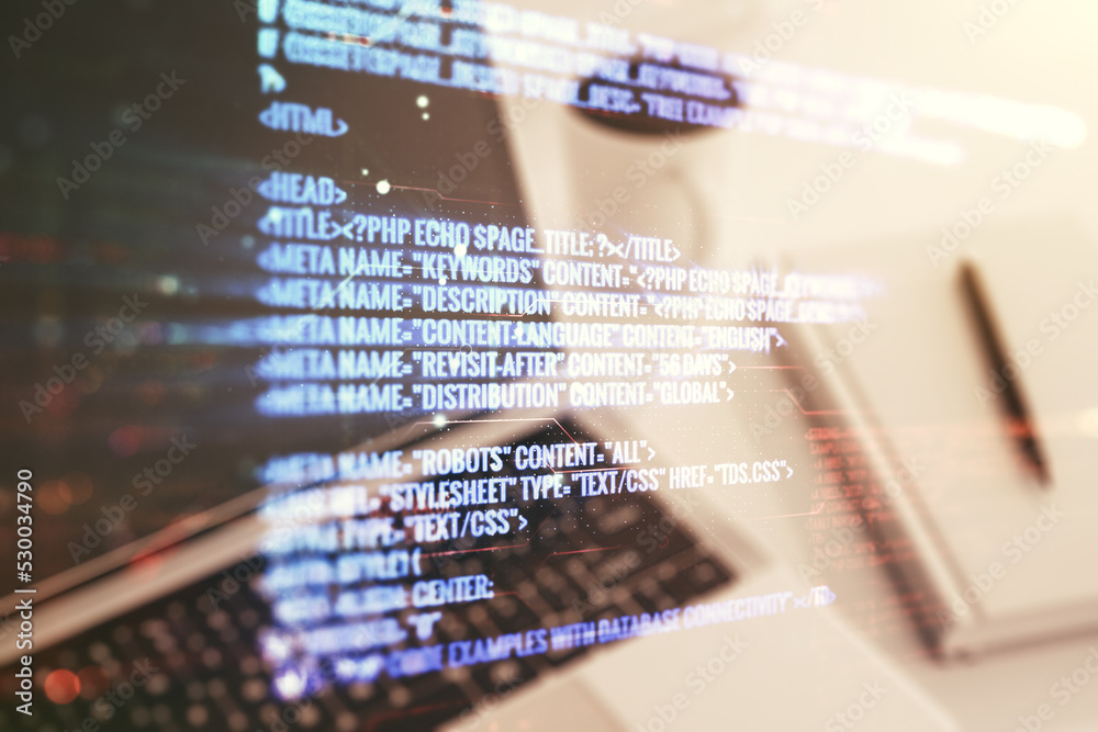 Poster double exposure of abstract creative programming illustration on computer background, big data and b