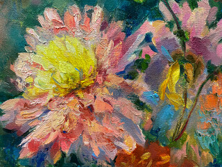 Original oil painting. Painted flowers in the garden. Large strokes of paint. The large flower in the style of impressionism  - obrazy, fototapety, plakaty