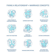 Fixing relationship and marriage turquoise concept icons set. Healthy communication idea thin line color illustrations. Isolated symbols. Editable stroke. Roboto-Medium, Myriad Pro-Bold fonts used