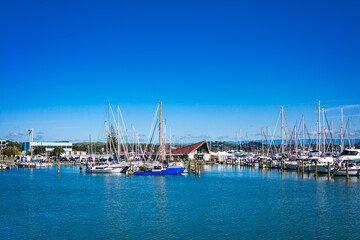 Fototapeta na wymiar Sailing boats docked at city marina in Napier, New Zealand. Selective focus