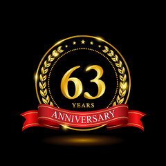 63 Years Anniversary template design, with shiny ring and red ribbon, laurel wreath isolated on black background, logo vector