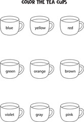 Obraz premium Read names of colors and color black and white tea cups. Educational worksheet.
