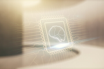 Virtual creative artificial Intelligence hologram with human brain sketch on modern interior...