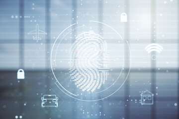 Multi exposure of virtual creative fingerprint hologram on empty corporate office background, personal biometric data concept