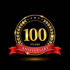 100 Years Anniversary template design, with shiny ring and red ribbon, laurel wreath isolated on black background, logo vector