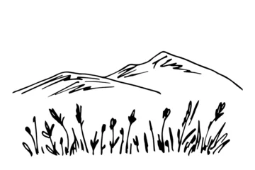 Foto op Canvas Simple hand-drawn vector drawing in black outline. Mountains on the horizon, wildflowers and grass in the foreground. Landscape and nature, foothills. © MaxNadya