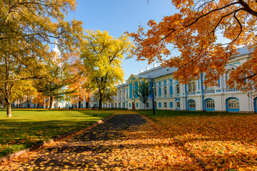 Garden of Smolny monastery in autumn, Saint Petersburg, Russia