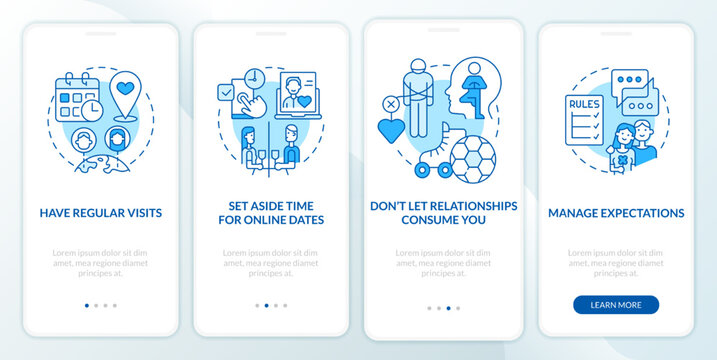 Survive long-distance relationship blue onboarding mobile app screen. Walkthrough 4 steps editable graphic instructions with linear concepts. UI, UX, GUI template. Myriad Pro-Bold, Regular fonts used - Powered by Adobe