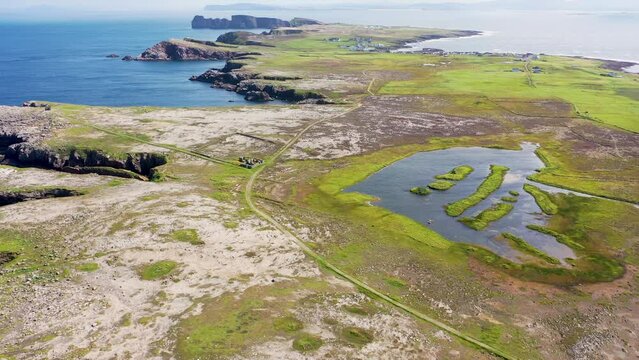 Aerial view of An Lough o Tuaidh on Tory Island, County Donegal, Ireland
