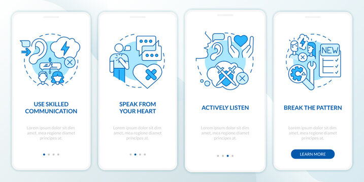 Healing relationship after argument blue onboarding mobile app screen. Walkthrough 4 steps editable graphic instructions with linear concepts. UI, UX, GUI template. Myriad Pro-Bold, Regular fonts used
