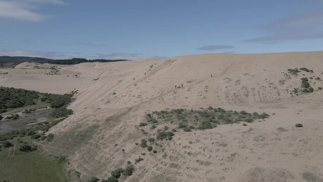 high fps, aerial circling shot of the line where the sand dunes meet the grass plains in Llani, Chile with hikers in the shot, taken during daytime