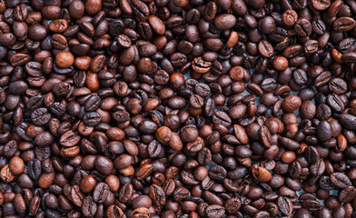 Brown and black coffee beans. Roasted arabic espresso coffee grains.