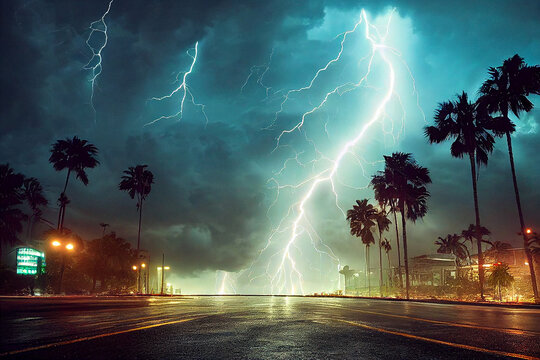 Hurricane also called tornado or typhoon with lightnings and twister in the storm on a city street with palms. Natural disasters in towns caused by the climate change. 3D illustration digital painting