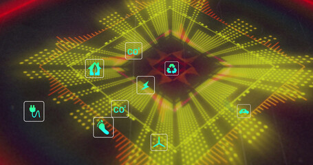 Image of ecology icons over digital tunnel