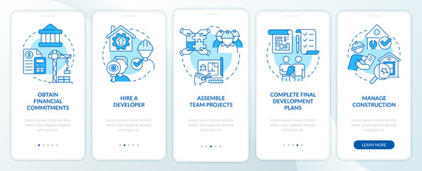 Advices for housing development blue onboarding mobile app screen. Walkthrough 5 steps editable graphic instructions with linear concepts. UI, UX, GUI template. Myriad Pro-Bold, Regular fonts used