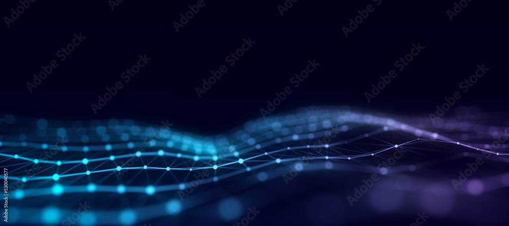 Poster Technology green wave with lines. Big data visualization. Analytics representation. Digital background. 3d rendering.