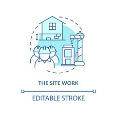 Site work turquoise concept icon. Exterior of project. Phase of home building abstract idea thin line illustration. Isolated outline drawing. Editable stroke. Arial, Myriad Pro-Bold fonts used