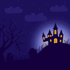 Halloween background, skeleton poster. Vector illustration