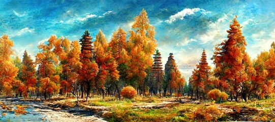 Imaginative evergreen forest turned into an autumn fall color wonderland of red, warm orange and sunny yellow colors. Tranquil woodland and peaceful outdoor nature art - oil pastel stylized.