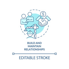 Build and maintain relationships turquoise concept icon. Good housing developer abstract idea thin line illustration. Isolated outline drawing. Editable stroke. Arial, Myriad Pro-Bold fonts used