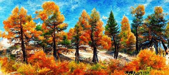 Fototapeta na wymiar Imaginative evergreen forest turned into an autumn fall color wonderland of red, warm orange and sunny yellow colors. Tranquil woodland and peaceful outdoor nature art - oil pastel stylized.