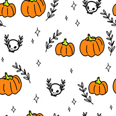 Cute white pattern with line pumpkins, skulls, halloween seamless background. Textiles for fabric textile, paper, kids.