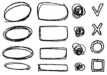 Doodle scribble frames, ticks, crosses, nodes. Sketch set isolated, line collection for office, school.