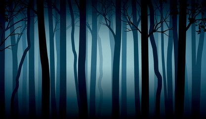 Obraz premium Vector blue mysterious dark forest landscape with silhouettes of trees and branches