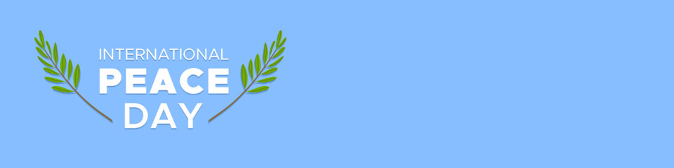 International Peace Day. 21 September. Two olive branches around the text. Horizontal blue banner. Vector illustration, flat design