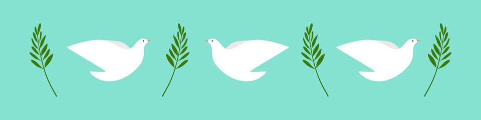 Horizontal banner with doves and olive branches. Peace symbols. Concept of non violence, tolerance, equality. Vector illustration, flat design