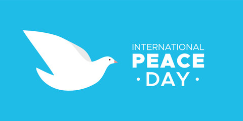 International Peace Day. 21 September. White dove with olive branch flying. Horizontal banner. Vector illustration, flat design