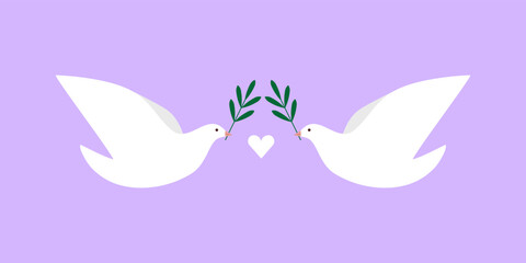 Two white doves with olive branches around the heart shape. Peace symbols. Concept of non violence, tolerance, equality. Horizontal violet banner. Vector illustration, flat design
