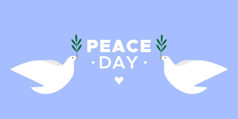 Peace Day. 21 September. Two white doves with olive branches around the text. Horizontal blue banner. Vector illustration, flat design