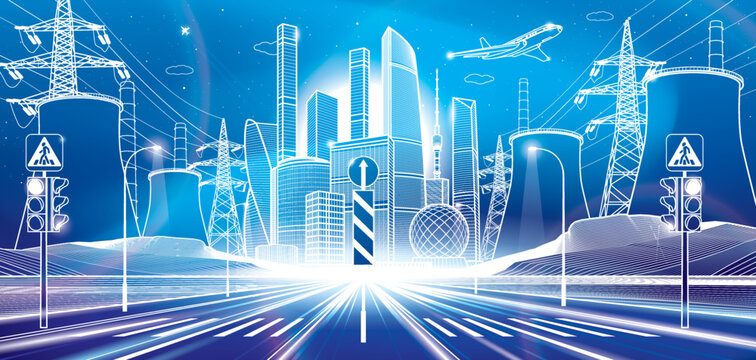 Modern neon lights night city. Large highway. Infrastructure illustration, urban scene. Thermal power plant and power lines. White outlines on blue background. Vector design