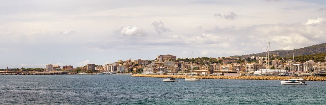 Panoramic Cityscape with harbour in Palma de Mallorca, Spain. 94 Megapixel photo.