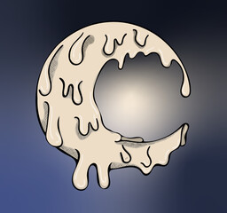 Image of a crescent moon with dripping molten wax effect and crosshatch shading. Moon sits in an Ombre gradient night sky background.
