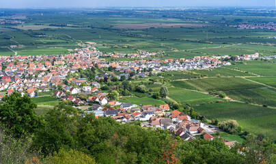 Fototapeta na wymiar Diedesfeld from Hambach Castle. Diedesfeld is a Palatinate viticulture village and a district of the independent Rhineland-Palatinate city of Neustadt an der Weinstrasse.