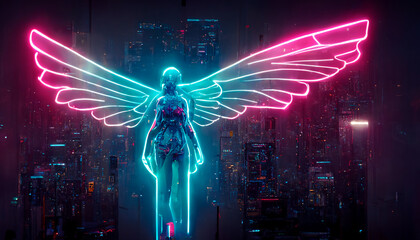 Cyberpunk angel with wings, nion effect cover around the body.