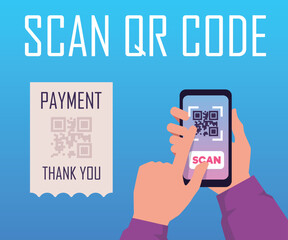 QR code scanning, hand holds phone with QR code reader - flat vector illustration on blue background.