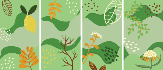 A set of abstract green backgrounds for packaging design,  smartphone wallpapers, posts, stories and more