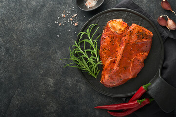 Raw steak t-bone or porterhouse. Steak t-bone or porterhouse in sauce with spices, salt and...