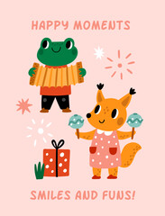 Birthday poster with cute animals. Forest musicians with different musical instruments. Zoo jazz band. Orchestra performers play music. Happy frog and fox. Vector holiday greeting card