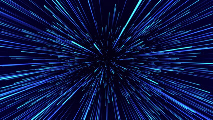 Blue hyper jump. Digital hyperspace with stars explosion. Abstract futuristic speed background. Dynamic motion lines on blue backdrop. 3D rendering. © ihor
