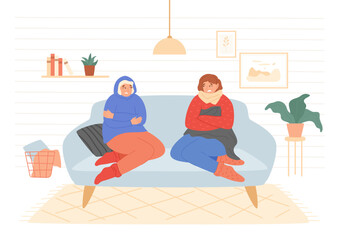 Women sitting on couch and freezing. Unhappy characters at home wrapped up in sweater, scarf, hoodie and hugging themselves. Economy and financial crisis concept. Simple interior, vector illustration.
