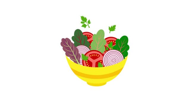 Footage animation bowl with colorful vegetable salad with tomatoes onions leafy collard greens parsley. Plant based healthy diet ingredients gut microbiome nutrients concept