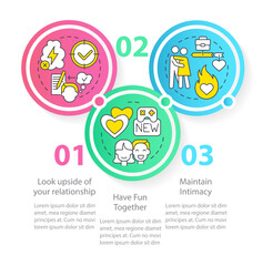 Fototapeta premium Keep passion in relationship tips circle infographic template. Intimacy. Data visualization with 3 steps. Editable timeline info chart. Workflow layout with line icons. Myriad Pro-Regular font used
