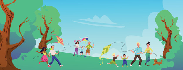 Happy families launch kites flat style, vector illustration
